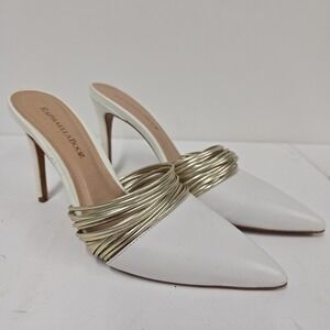 Raphaella Booz White Leather Gold Strappy Stiletto Mules Pointed Toe‎ Heels 9